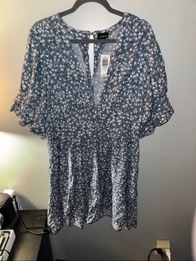 Torrid Blue Floral V-Neck Peplum Mini Dress